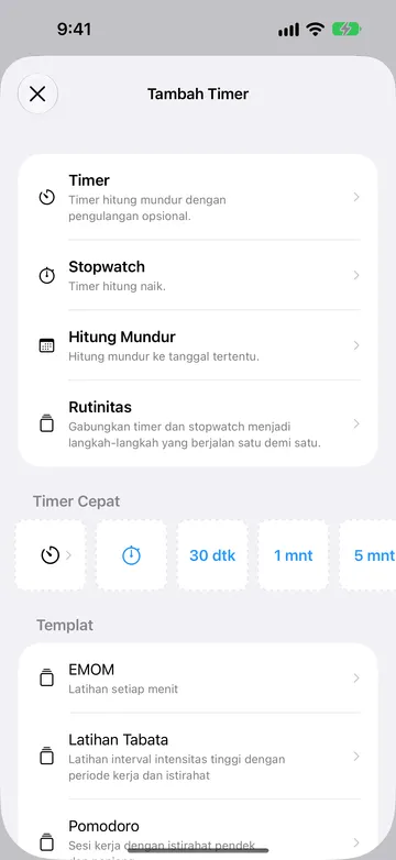 Layar Tambah Timer yang menampilkan Timer, Stopwatch, Hitung Mundur, dan Rutinitas, diikuti baris Timer Cepat dan templat rutinitas seperti EMOM, Latihan Tabata, dan Pomodoro.