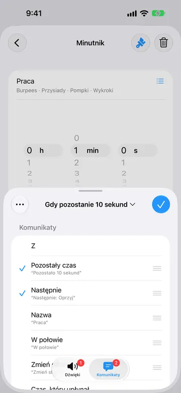 Ten sam alert na karcie Komunikaty, z zaznaczonymi komunikatami Pozostały czas („Pozostało 10 sekund”) i Następnie („Następnie: Oprzyj”) oraz dostępnymi opcjami Nazwa, W połowie i Zmień stronę.