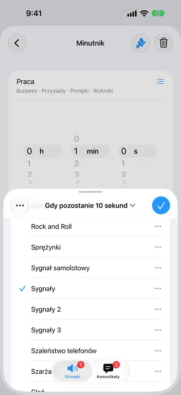 Edytor alertu Gdy pozostanie 10 sekund na karcie Dźwięki, z zaznaczonym dźwiękiem Sygnały na liście, na której widać Rock and Roll, Sprężynki, Sygnał samolotowy, Sygnały, Sygnały 2, Sygnały 3 i Szaleństwo telefonów.