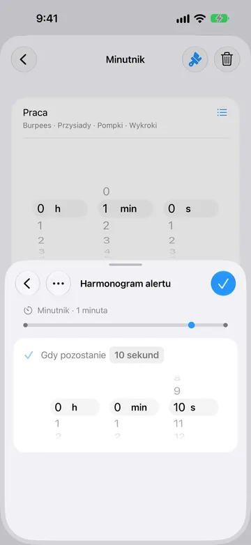 Strona Harmonogram alertu dla tego samego 1-minutowego kroku minutnika, ustawiona na Gdy pozostanie 10 sekund, z selektorem czasu i znacznikiem na osi czasu blisko końca.