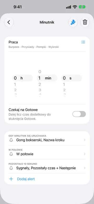 Edytor kroku minutnika dla 1-minutowego kroku o nazwie Praca, z nazwami powtórzeń Burpees, Przysiady, Pompki i Wykroki pod nazwą i ikoną listy obok niej. Czekaj na Gotowe jest wyłączone. Alerty to Gdy minutnik się uruchamia, W połowie i Pozostało 10 sekund, a pod nimi Dodaj alert.