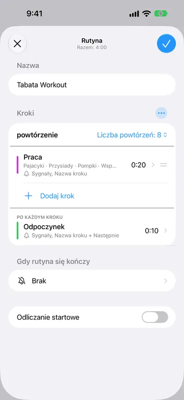 Edytor Rutyny Tabata Workout, razem 4:00. W sekcji Kroki powtórzenie ustawiono na Liczba powtórzeń: 8, a dalej jest 20-sekundowy krok Praca z nazwami powtórzeń Pajacyki, Przysiady i Pompki oraz Dodaj krok. W sekcji Po każdym kroku znajduje się 10-sekundowy krok Odpoczynek. Gdy rutyna się kończy ma wartość Brak, a Odliczanie startowe jest wyłączone.