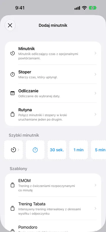 Ekran Dodaj minutnik z pozycjami Minutnik, Stoper, Odliczanie i Rutyna, a pod nimi wiersz Szybki minutnik i szablony rutyn, takie jak EMOM, Trening Tabata i Pomodoro.