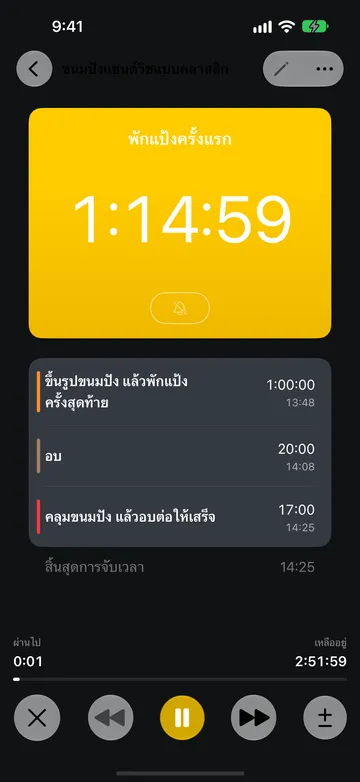 รูทีนขนมปังแซนด์วิชแบบคลาสสิกกำลังทำงานในขั้นตอนพักแป้งครั้งแรก เหลือ 1:14:59 ขั้นตอนที่จะมาถึง ได้แก่ ขึ้นรูปขนมปัง แล้วพักแป้งครั้งสุดท้าย อบ และคลุมขนมปัง แล้วอบต่อให้เสร็จ แสดงอยู่พร้อมเวลาที่คาดว่าแต่ละขั้นตอนจะจบ เหนือสิ้นสุดการจับเวลา 14:25 เวลาที่ผ่านไปและเวลาที่เหลือ และปุ่มยกเลิก ก่อนหน้า หยุดชั่วคราว ถัดไป และปรับระยะเวลา