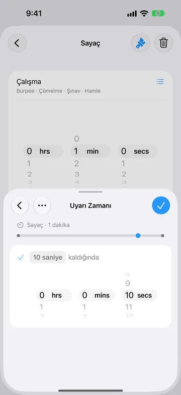 Aynı 1 dakikalık sayaç adımı için Uyarı Zamanı sayfası; 10 saniye kaldığında olarak ayarlı, bir süre seçici ve sona yakın bir zaman çizelgesi işaretçisi.