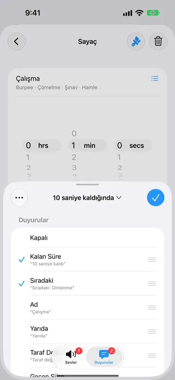 Aynı uyarı Duyurular sekmesinde; Kalan Süre (“10 saniye kaldı”) ve Sıradaki (“Sıradaki: Dinlenme”) seçili, Ad, Yarıda ve Taraf Değiştir de kullanılabilir durumda.