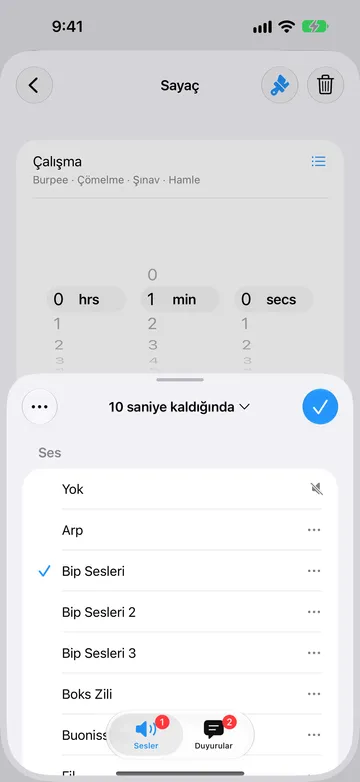Sesler sekmesinde 10 saniye kaldığında uyarısının düzenleyicisi; Yok, Arp, Bip Sesleri, Bip Sesleri 2, Bip Sesleri 3 ve Boks Zili ile başlayan bir listede Bip Sesleri seçili.