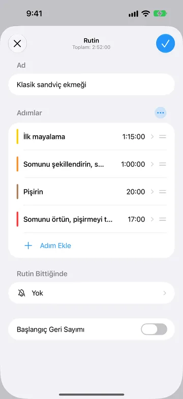 Klasik sandviç ekmeği için Rutin düzenleyicisi, toplam 2:52:00; dört sayaç adımından oluşan tek bir blok: İlk mayalama, Somunu şekillendirin, sonra son mayalama, Pişirin ve Somunu örtün, pişirmeyi tamamlayın. Altında Adım Ekle, Yok olarak ayarlı Rutin Bittiğinde ve kapalı Başlangıç Geri Sayımı.