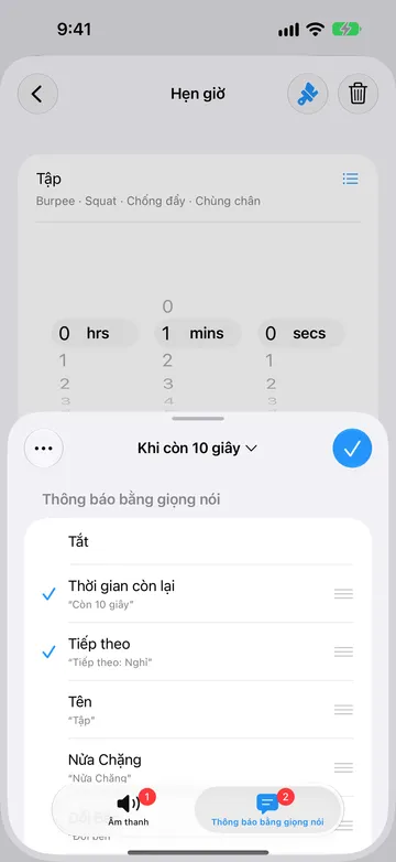 Cùng cảnh báo đó ở tab Thông báo bằng giọng nói, với Thời gian còn lại (“Còn 10 giây”) và Tiếp theo (“Tiếp theo: Nghỉ”) được chọn, còn Tên, Nửa Chặng và Đổi Bên có sẵn để chọn.