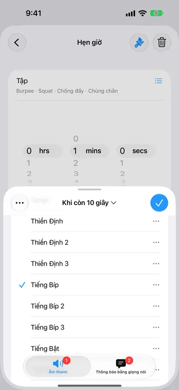 Trình chỉnh sửa cảnh báo cho Khi còn 10 giây, ở tab Âm thanh, với Tiếng Bíp được chọn trong danh sách gồm Thiền Định, Thiền Định 2, Thiền Định 3, Tiếng Bíp, Tiếng Bíp 2, Tiếng Bíp 3 và Tiếng Bật.