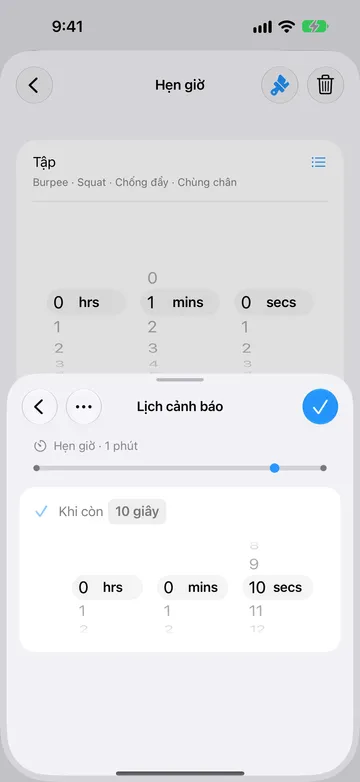 Trang Lịch cảnh báo cho cùng bước Hẹn giờ 1 phút, đặt là Khi còn 10 giây, với bộ chọn thời lượng và điểm đánh dấu trên dòng thời gian gần cuối.