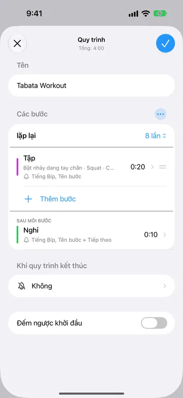 Trình chỉnh sửa Quy trình cho Tabata Workout, tổng 4:00. Trong Các bước, lặp lại đặt là 8 lần, tiếp theo là bước Tập 20 giây với tên lần lặp Bật nhảy dang tay chân, Squat và Chống đẩy, rồi Thêm bước. Dưới Sau mỗi bước là bước Nghỉ 10 giây. Khi quy trình kết thúc đặt là Không và Đếm ngược khởi đầu đang tắt.