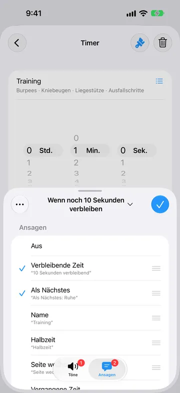 Derselbe Hinweis auf dem Tab Ansagen, mit den ausgewählten Optionen Verbleibende Zeit („10 Sekunden verbleibend“) und Als Nächstes („Als Nächstes: Ruhe“) sowie den verfügbaren Optionen Name, Halbzeit und Seite wechseln.