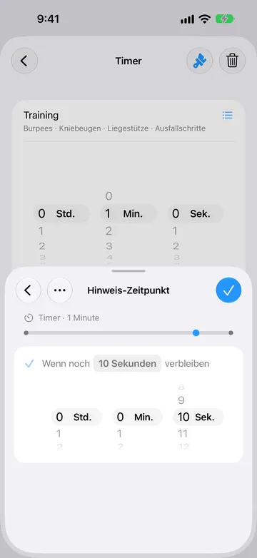 Seite Hinweis-Zeitpunkt für denselben 1-minütigen Timer-Schritt, eingestellt auf „Wenn noch 10 Sekunden verbleiben“, mit einer Dauerauswahl und einer Markierung auf der Zeitleiste kurz vor dem Ende.