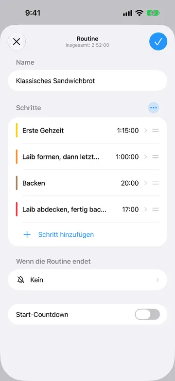 Routinen-Editor für Klassisches Sandwichbrot, insgesamt 2:52:00, mit einem Block aus vier Timer-Schritten: Erste Gehzeit, Laib formen, dann letzte Gehzeit, Backen sowie Laib abdecken, fertig backen. Darunter Schritt hinzufügen, „Wenn die Routine endet“ auf Kein und ausgeschalteter Start-Countdown.