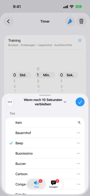 Hinweis-Editor für „Wenn noch 10 Sekunden verbleiben“ auf dem Tab Töne, mit ausgewähltem Beep in einer Liste, die mit Kein, Bauernhof, Beep, Buonissimo, Buzzer und Cartoon beginnt.