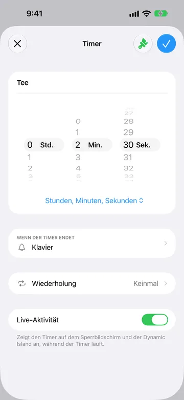 Timer-Editor für Tee, eingestellt auf 2 Minuten 30 Sekunden, mit „Wenn der Timer endet“ auf Klavier, Wiederholung auf Keinmal und eingeschalteter Live-Aktivität.