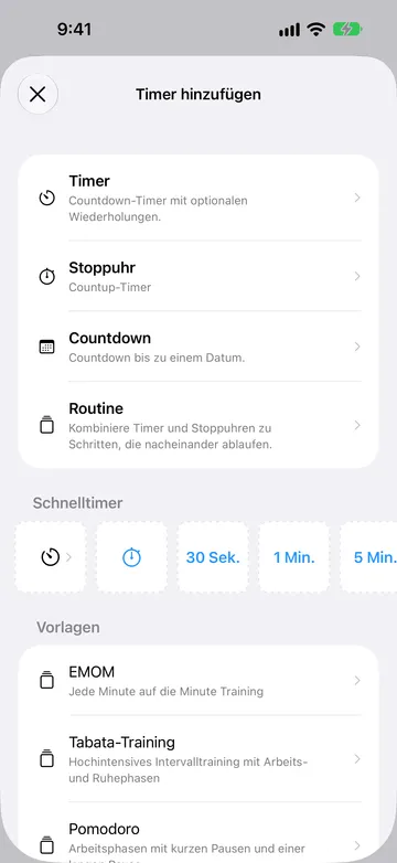 Der Bildschirm „Timer hinzufügen“ mit Timer, Stoppuhr, Countdown und Routine, darunter eine Schnelltimer-Zeile und Routinenvorlagen wie EMOM, Tabata-Training und Pomodoro.