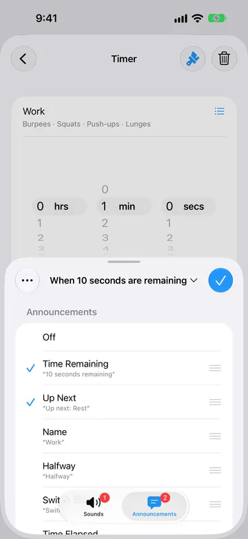 The same alert on the Announcements tab, with Time Remaining (“10 seconds remaining”) and Up Next (“Up next: Rest”) selected, and Name, Halfway, and Switch Sides available.