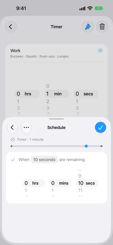 Alert Schedule page for the same 1-minute Timer step, set to When 10 seconds are remaining, with a duration picker and a timeline marker near the end.