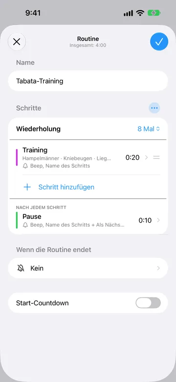 Routinen-Editor für Tabata-Training, insgesamt 4:00. Unter Schritte ist Wiederholung auf 8 Mal gestellt, gefolgt von einem 20-sekündigen Schritt Training mit den Wiederholungsnamen Hampelmänner, Kniebeugen und Liegestütze, dann Schritt hinzufügen. Unter „Nach jedem Schritt“ steht ein 10-sekündiger Schritt Pause. „Wenn die Routine endet“ steht auf Kein, und der Start-Countdown ist ausgeschaltet.