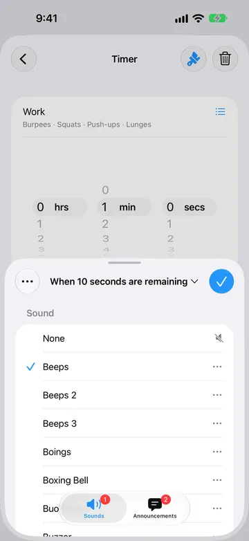 Alert editor for When 10 seconds are remaining, on the Sounds tab, with Beeps selected in a list that begins None, Beeps, Beeps 2, Beeps 3, Boings, and Boxing Bell.