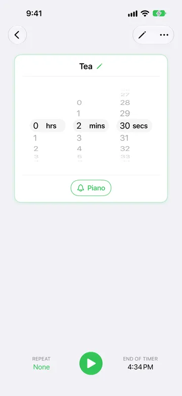 Tea timer ready to start, with its duration wheel at 2 minutes 30 seconds, a Piano sound button, Repeat set to None, a play button, and End of Timer 4:34 PM.
