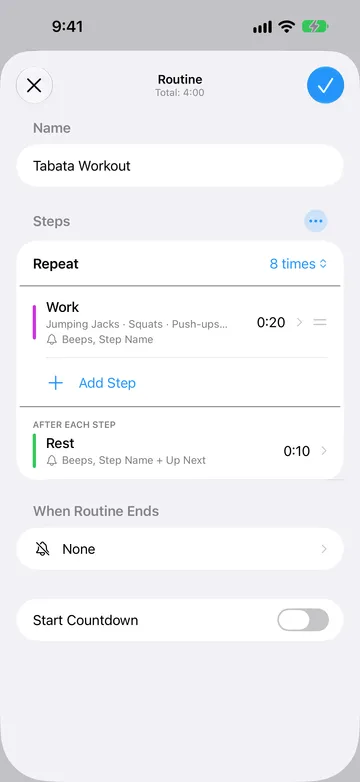 Routine editor for Tabata Workout, total 4:00. In Steps, Repeat is set to 8 times, followed by a 20-second Work step with repeat names Jumping Jacks, Squats, and Push-ups, then Add Step. Under After each step is a 10-second Rest step. When Routine Ends is None and Start Countdown is off.