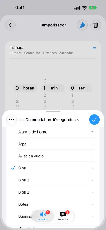 Editor de la alerta Cuando faltan 10 segundos, en la pestaña Sonidos, con Bips seleccionado en una lista que incluye Alarma de horno, Arpa, Aviso en vuelo, Bips, Bips 2, Bips 3 y Botes.
