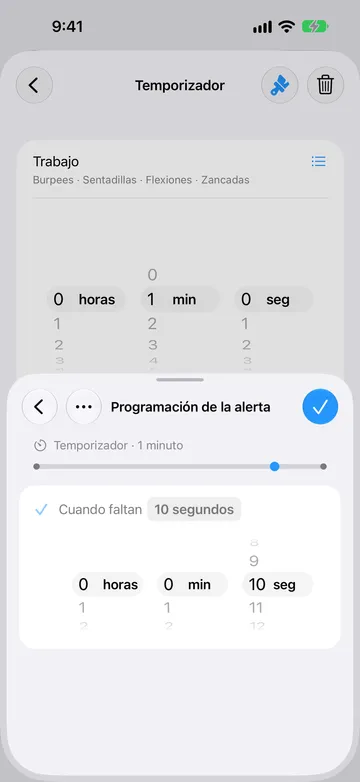 Página Programación de la alerta del mismo paso de temporizador de 1 minuto, configurada en Cuando faltan 10 segundos, con un selector de duración y un marcador cerca del final de la línea de tiempo.