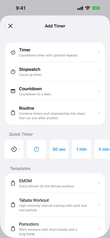 The Add Timer screen listing Timer, Stopwatch, Countdown, and Routine, followed by a Quick Timer row and routine templates such as EMOM, Tabata Workout, and Pomodoro.