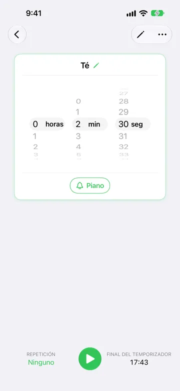 Temporizador Té listo para iniciar, con la rueda de duración en 2 minutos y 30 segundos, un botón de sonido Piano, repetición en Ninguno, un botón de reproducir y Final del temporizador a las 17:43.