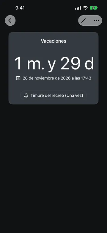 Una Cuenta regresiva llamada Vacaciones que muestra 1 m. y 29 d restantes hasta el 28 de noviembre de 2026 a las 17:43, con un botón de sonido Timbre del recreo (Una vez) debajo.