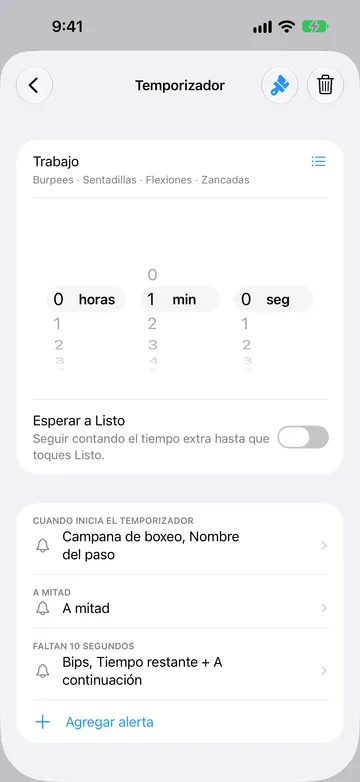 Editor de un paso de temporizador de 1 minuto llamado Trabajo, con los nombres de repetición Burpees, Sentadillas, Flexiones y Zancadas debajo del nombre y un ícono de lista junto a él. Esperar a Listo está desactivado. Las alertas son Cuando inicia el temporizador, A mitad y Faltan 10 segundos, seguidas de Agregar alerta.