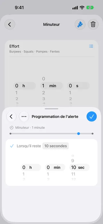 Page Programmation de l’alerte pour la même étape minuteur de 1 minute, réglée sur Lorsqu’il reste 10 secondes, avec un sélecteur de durée et un repère sur la frise près de la fin.