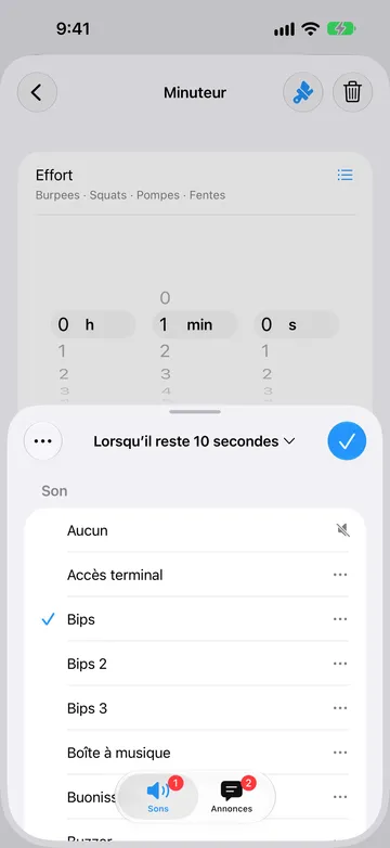 Éditeur d’alerte pour Lorsqu’il reste 10 secondes, sur l’onglet Sons, avec Bips sélectionné dans une liste qui commence par Aucun, Accès terminal, Bips, Bips 2, Bips 3 et Boîte à musique.