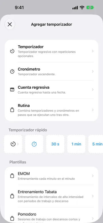Pantalla Agregar temporizador con Temporizador, Cronómetro, Cuenta regresiva y Rutina; luego una fila de Temporizador rápido con un botón de Temporizador, un botón de Cronómetro y los botones 30 s, 1 min y 5 min; y después Plantillas para EMOM, Entrenamiento Tabata y Pomodoro.