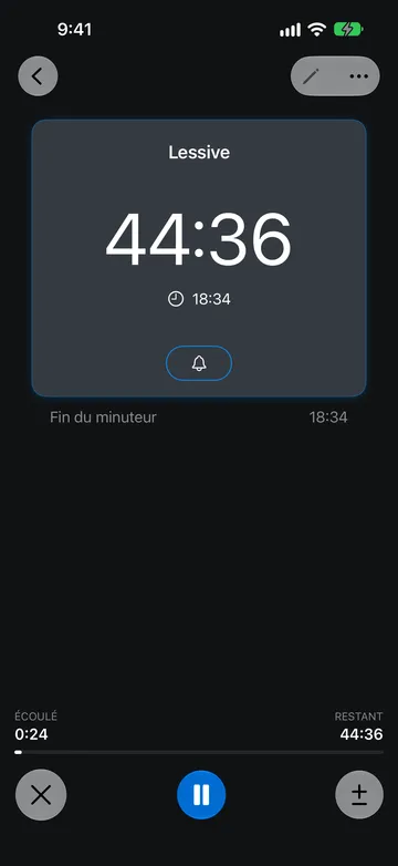 Minuteur Lessive en cours avec 44:36 restantes et une heure de fin à 18:34, 0:24 écoulées, et les boutons Annuler, Pause et Ajuster la durée.