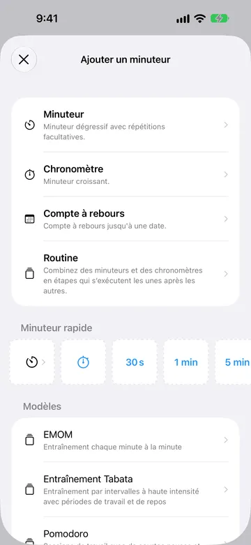 Écran Ajouter un minuteur listant Minuteur, Chronomètre, Compte à rebours et Routine, puis une rangée Minuteur rapide avec un bouton Minuteur, un bouton Chronomètre et les boutons 30 s, 1 min et 5 min, puis les Modèles EMOM, Entraînement Tabata et Pomodoro.