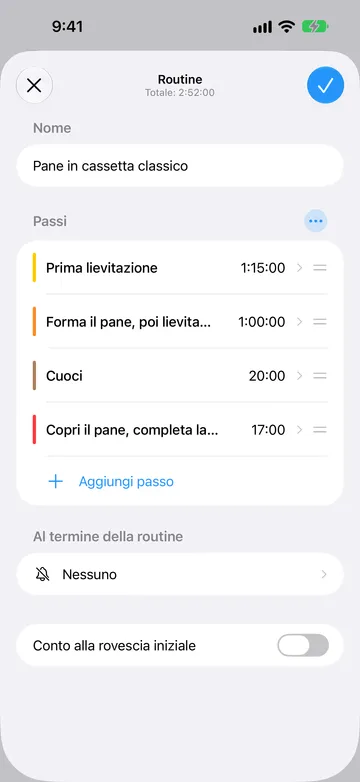 Editor della routine Pane in cassetta classico, totale 2:52:00, con un blocco di quattro passi timer: Prima lievitazione, Forma il pane, poi lievitazione finale, Cuoci e Copri il pane, completa la cottura. Sotto ci sono Aggiungi passo, Al termine della routine impostato su Nessuno e Conto alla rovescia iniziale disattivato.