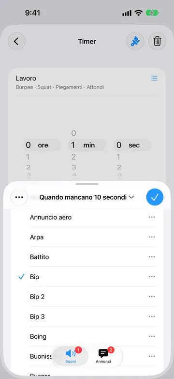 Editor dell’avviso Quando mancano 10 secondi, nella scheda Suoni, con Bip selezionato in un elenco che include Annuncio aero, Arpa, Battito, Bip, Bip 2, Bip 3 e Boing.