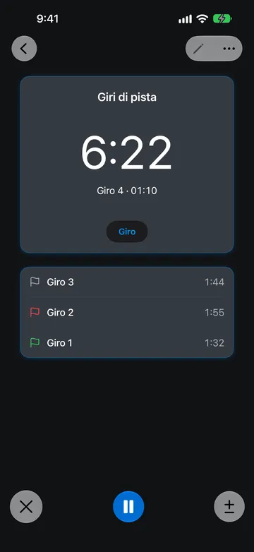 Un Cronometro chiamato Giri di pista che segna 6:22, con Giro 4 · 01:10 sotto la lettura. L’elenco dei giri mostra Giro 3 a 1:44 con una bandierina grigia, Giro 2 a 1:55 con una bandierina rossa e Giro 1 a 1:32 con una bandierina verde.