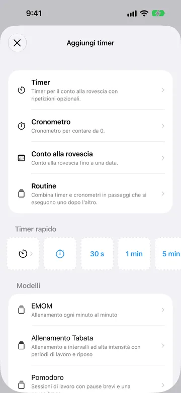 Schermata Aggiungi timer con Timer, Cronometro, Conto alla rovescia e Routine, poi una riga Timer rapido con un pulsante Timer, un pulsante Cronometro e i pulsanti 30 s, 1 min e 5 min, poi i Modelli EMOM, Allenamento Tabata e Pomodoro.