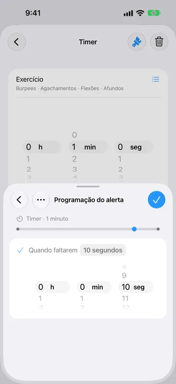 Página Programação do alerta da mesma etapa de timer de 1 minuto, definida como Quando faltarem 10 segundos, com um seletor de duração e um marcador perto do fim da linha do tempo.