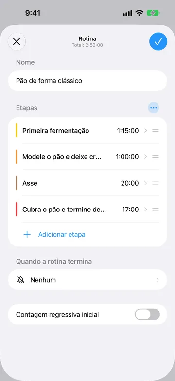 Editor da Rotina Pão de forma clássico, com total de 2:52:00 e um bloco de quatro etapas de timer: Primeira fermentação, Modele o pão e deixe crescer pela última vez, Asse e Cubra o pão e termine de assar. Abaixo estão Adicionar etapa, Quando a rotina termina definido como Nenhum e Contagem regressiva inicial desativada.