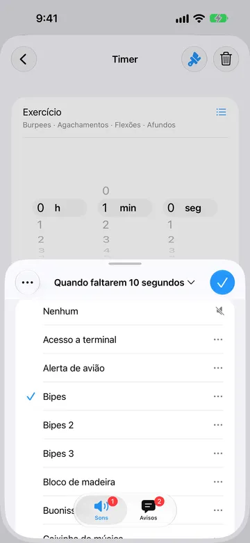 Editor do alerta Quando faltarem 10 segundos, na aba Sons, com Bipes selecionado em uma lista que começa com Nenhum, Acesso a terminal, Alerta de avião, Bipes, Bipes 2, Bipes 3 e Bloco de madeira.