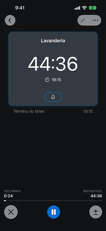Timer Lavanderia em execução com 44:36 restantes e término às 19:15, 0:24 decorridos e os botões Cancelar, Pausar e Ajustar duração.