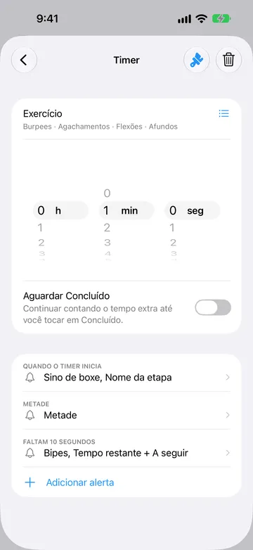Editor de uma etapa de timer de 1 minuto chamada Exercício, com os nomes de repetição Burpees, Agachamentos, Flexões e Afundos abaixo do nome e um ícone de lista ao lado. Aguardar Concluído está desativado. Os alertas são Quando o timer inicia, Metade e Faltam 10 segundos, seguidos de Adicionar alerta.