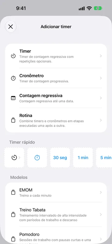 Tela Adicionar timer com Timer, Cronômetro, Contagem regressiva e Rotina; depois, uma fileira de Timer rápido com um botão de Timer, um botão de Cronômetro e os botões 30 seg, 1 min e 5 min; e, em seguida, Modelos para EMOM, Treino Tabata e Pomodoro.