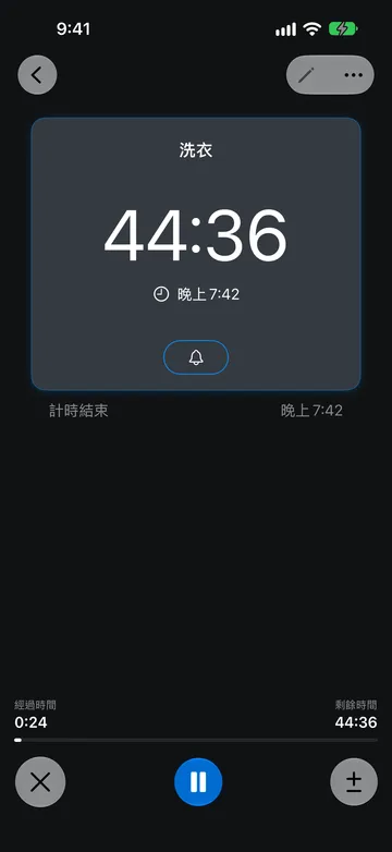 執行中的「洗衣」計時器,剩餘 44:36,結束時間為晚上 7:42,經過時間 0:24,底部有取消、暫停和調整時間長度按鈕。